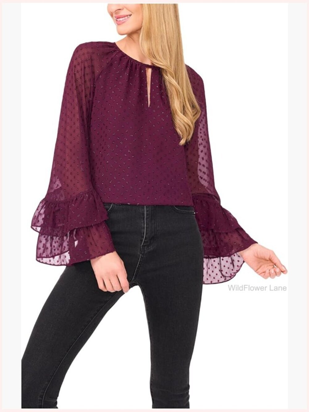 Tiered Sleeve Front Keyhole Blouse Blouse Button Closure